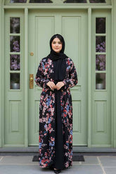 Yasmeen Floral Black Abaya | Printed Front-Open